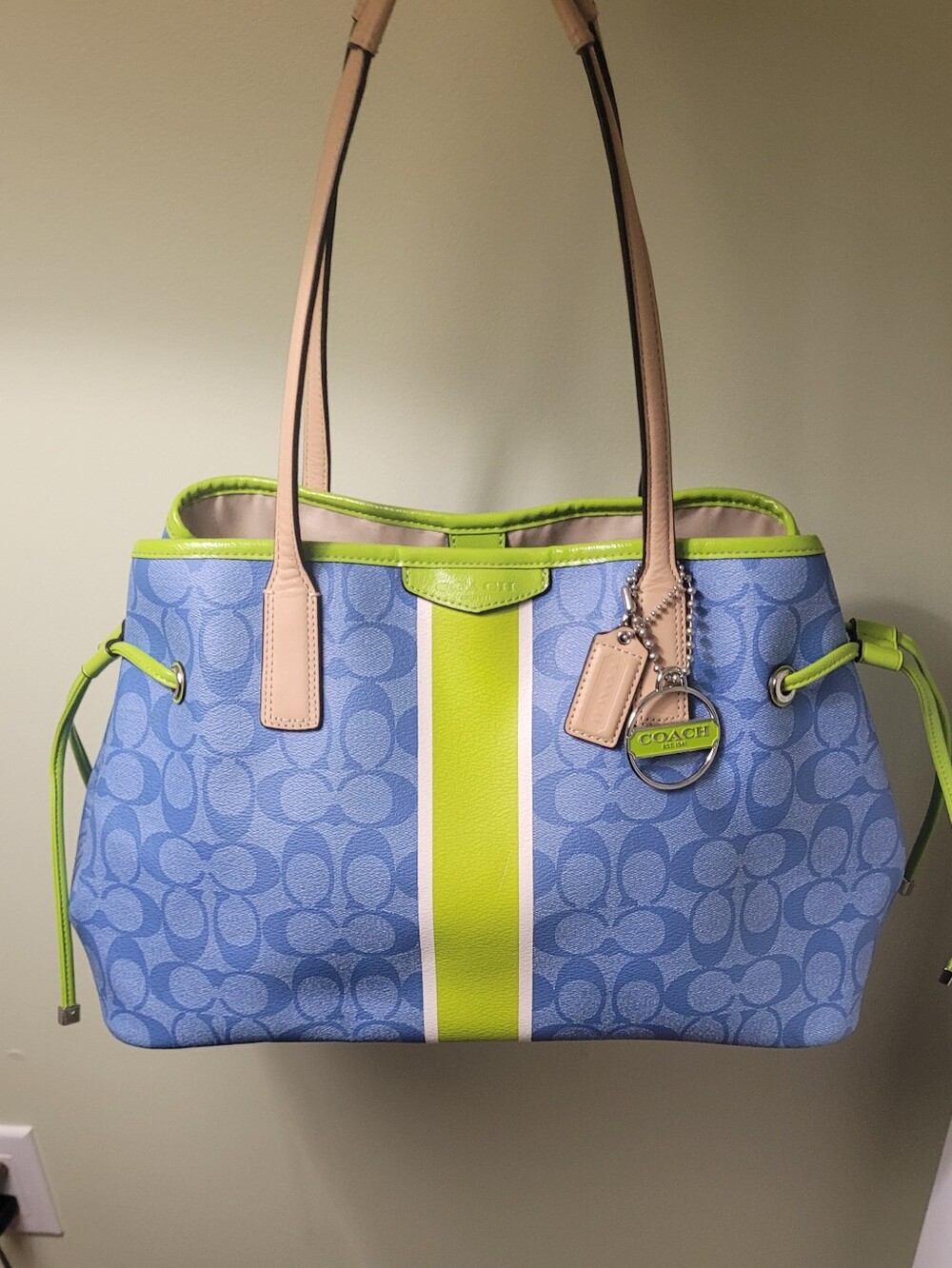 COACH Blue Signature Stripe Carryall Drawstring Tote